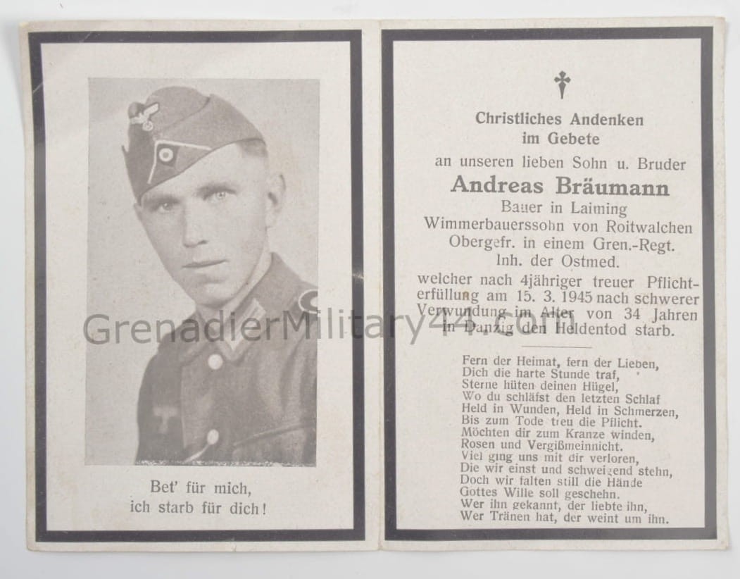 NEKROLOG GRENADIER GDAŃSK/ DANZIG 1945